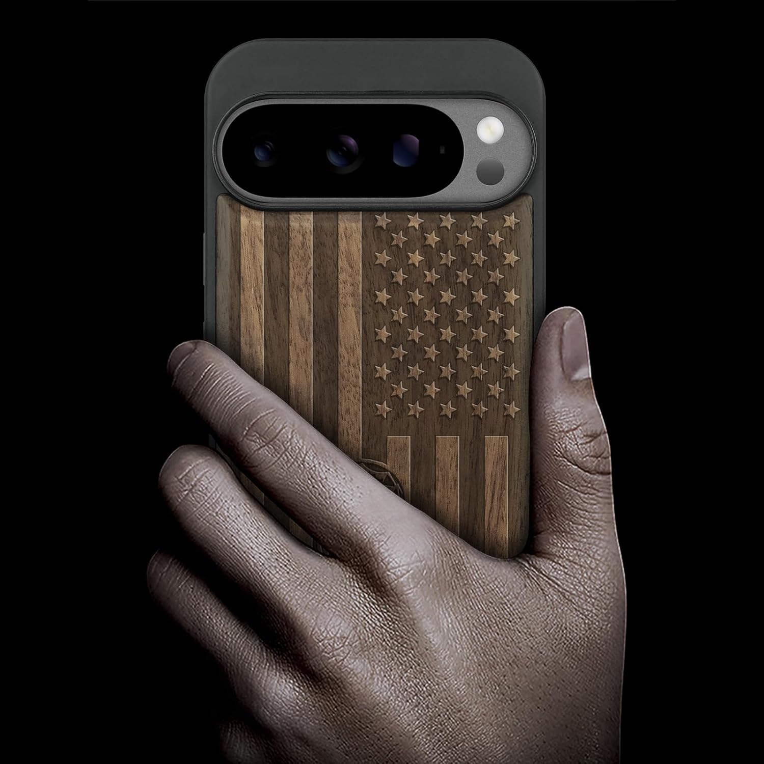 Carveit Magnetic Wooden Case for Google Pixel 10 / Pixel 10 Pro Case, Wood Engraved & Soft TPU Shockproof Cover, Compatible with MagSafe Wireless Chargers (Gadsden and The American Flag) Walnut