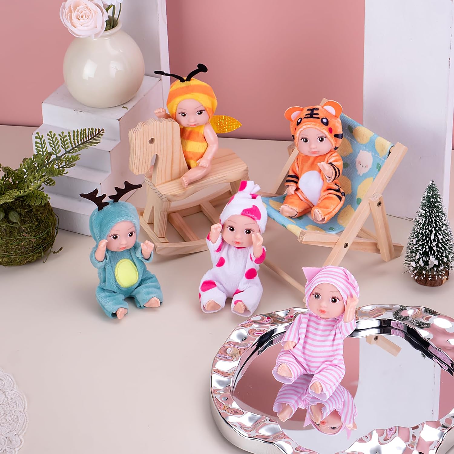 Vueos 10PCS 4inch Mini Reborn Baby Dolls Set with 10 Outfits - Realistic Open Eye Design Child-Safe Role Play Toys for Girls Boys, Christmas Birthday Easter Gift Sets