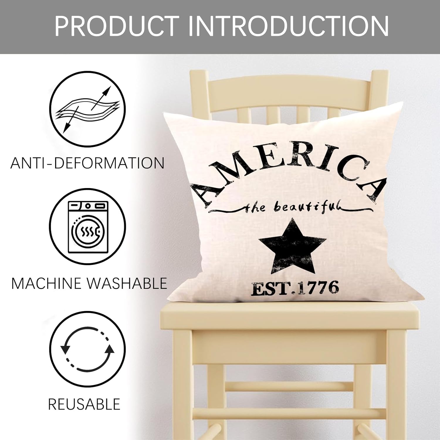 4th of July Star Decorative Throw Pillow Covers 18 x 18 Set of 2, Patriotic America The Beautiful Est. 1776 Porch Outdoor Home Decor, American USA Farmhouse Couch Cushion Case