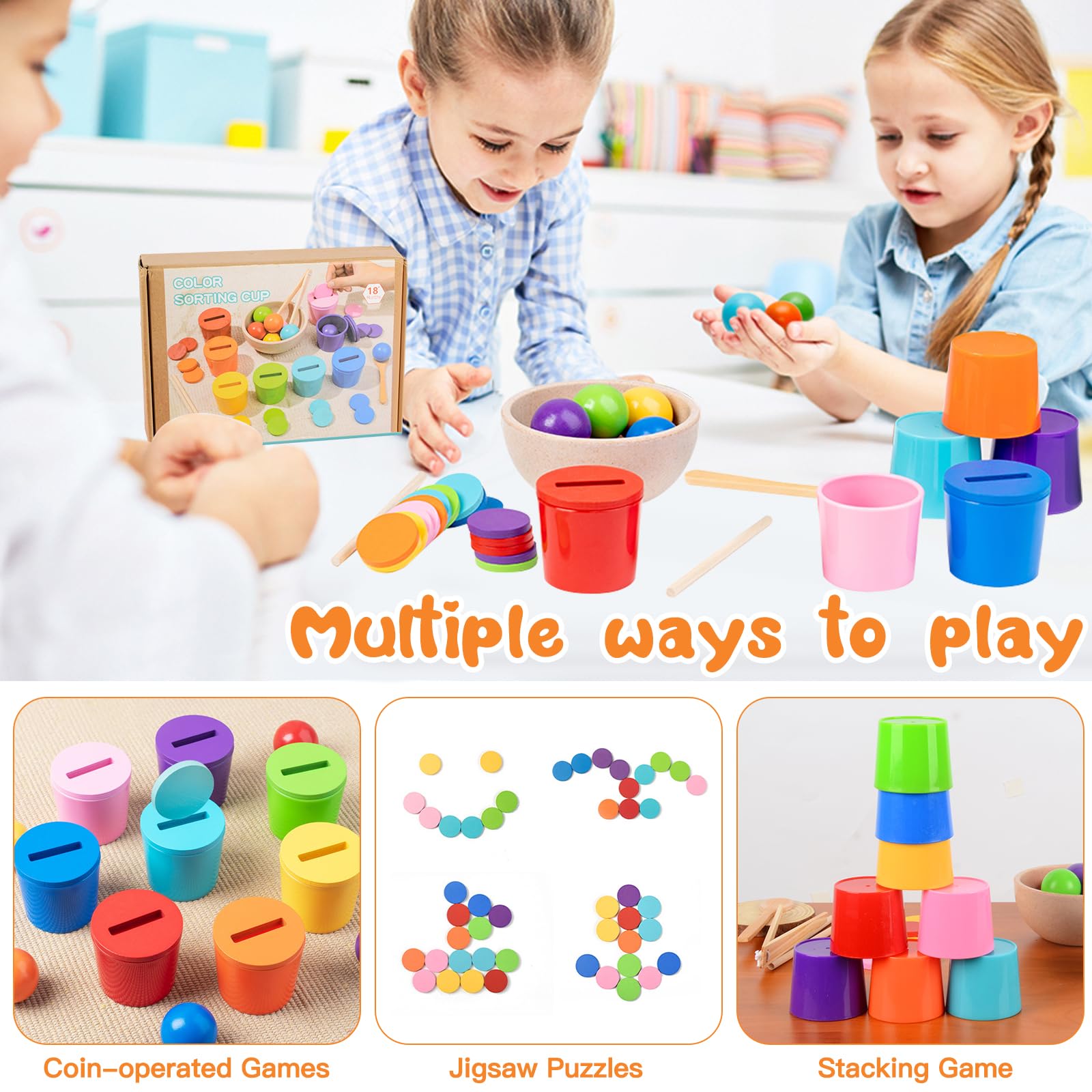 Giochi Montessori Houten spelletjes voor kinderen, 3-in-1 geometrische vormen, sorteren en stapelen, blok boardvormen, geometrische kleuren, sorteren, speelgoed, cadeau voor jongens en meisjes van 2