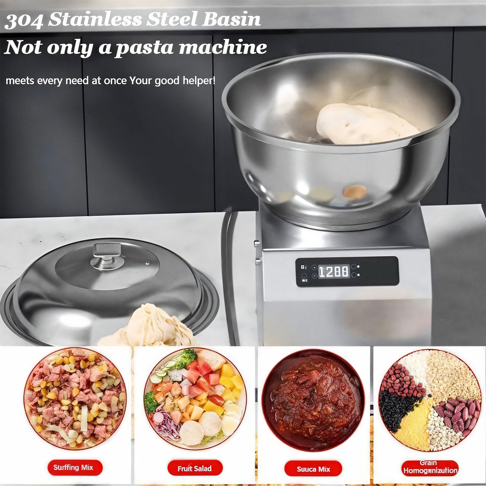 Batidora de masa resistente con amasadora en espiral, temporizador, cuenco de acero inoxidable para hornear en casa y pequeñas empresas, equipo de cocina profesional