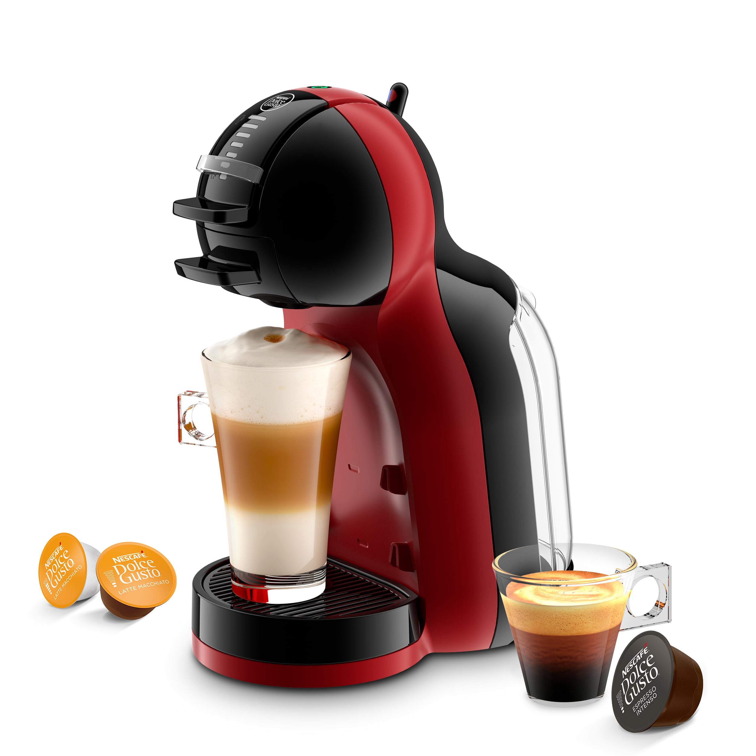Krups Nescafé Dolce Gusto Mini Me Cafetera de cápsulas con 15 bares de presión, capacidad 0.8 L, bebidas frías o calientes, Play&Select, Thermoblock, 35 tipos café, Negra-Roja, KP123HAS