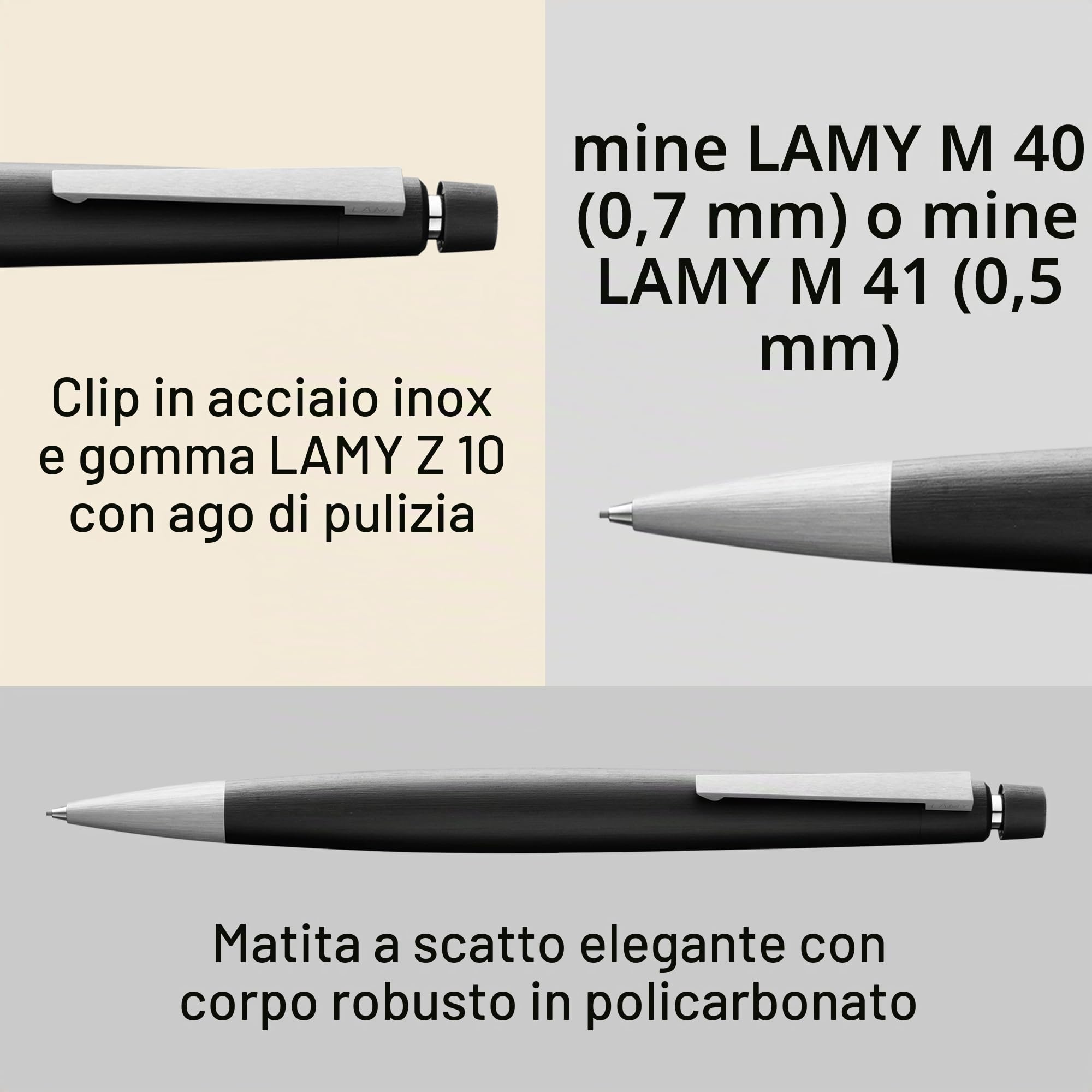 Lamy 2000 portamina nera - elegante con involucro robusto in policarbonato - bilanciato perfettamente - portamina con mina M 41 a tratto 0,5 mm & punta per cancellare