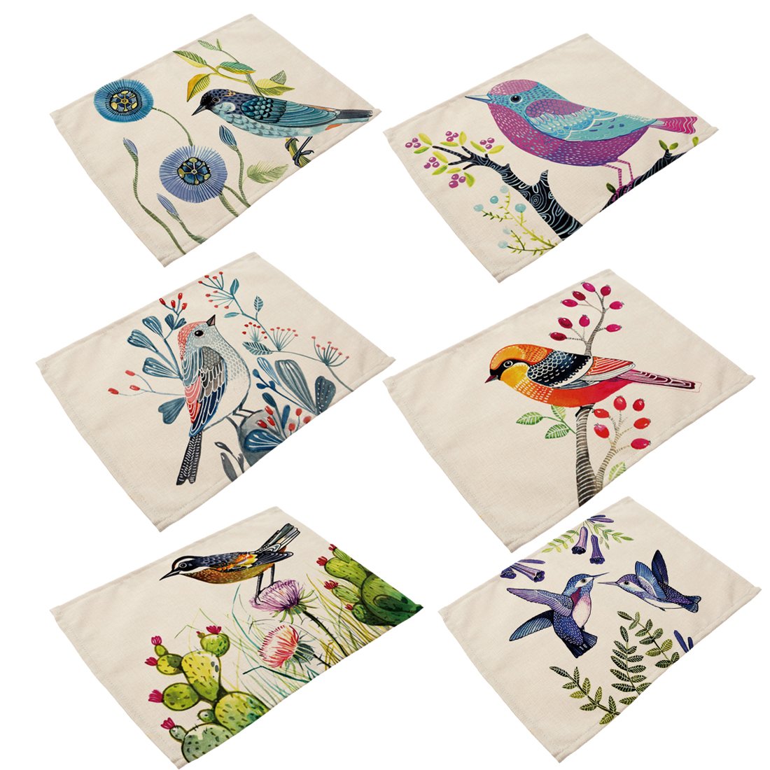 6Pcs Bird Pattern Placemats, YIFAN Cotton Linen Dining Table Mats for Home Kitchen Office