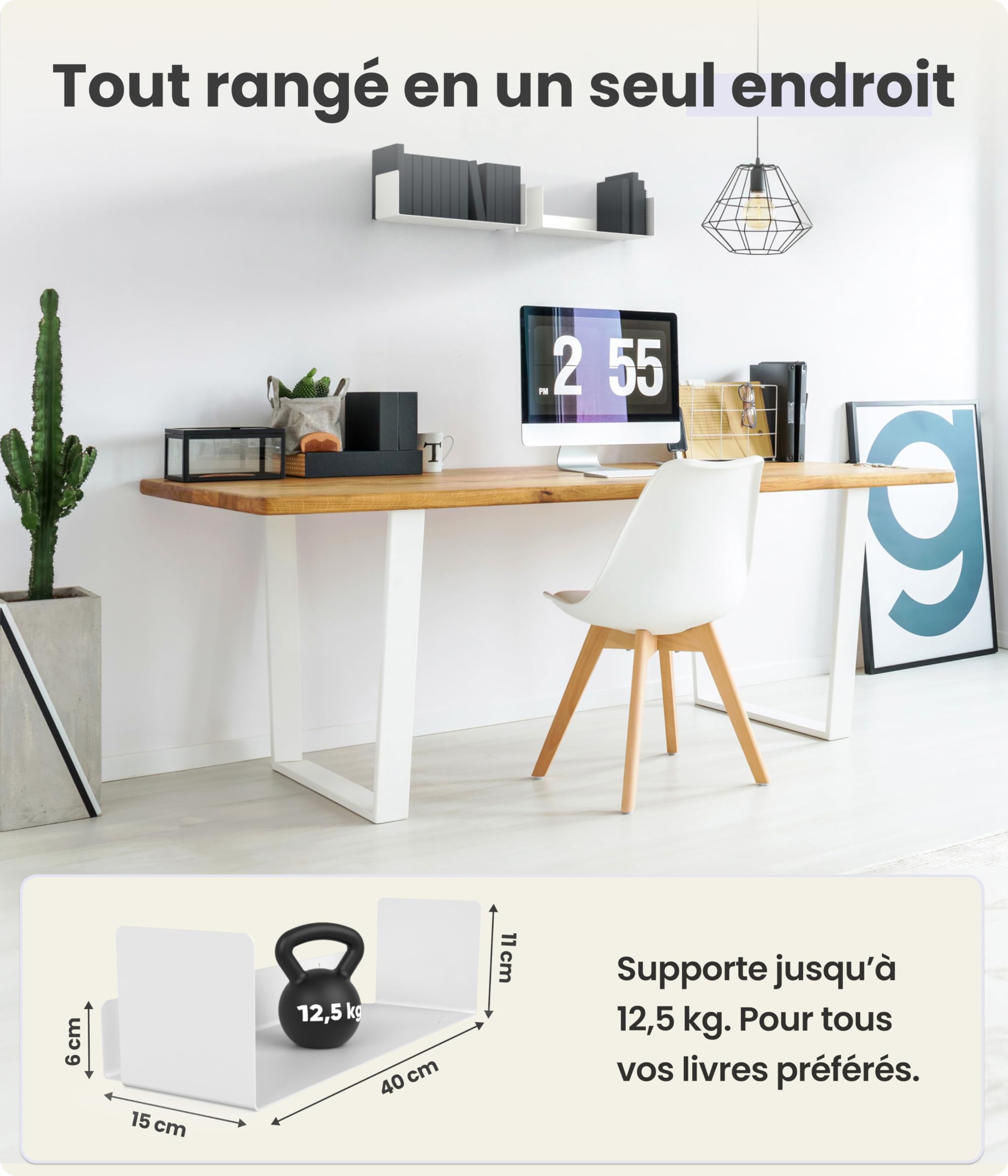 UNITURE® - Lot de 2 étagères murales Blanches [2x40cm] - Étagères flottantes, étagères à Livres, Planche et Tablette, Planche Murale, Tablette Murale