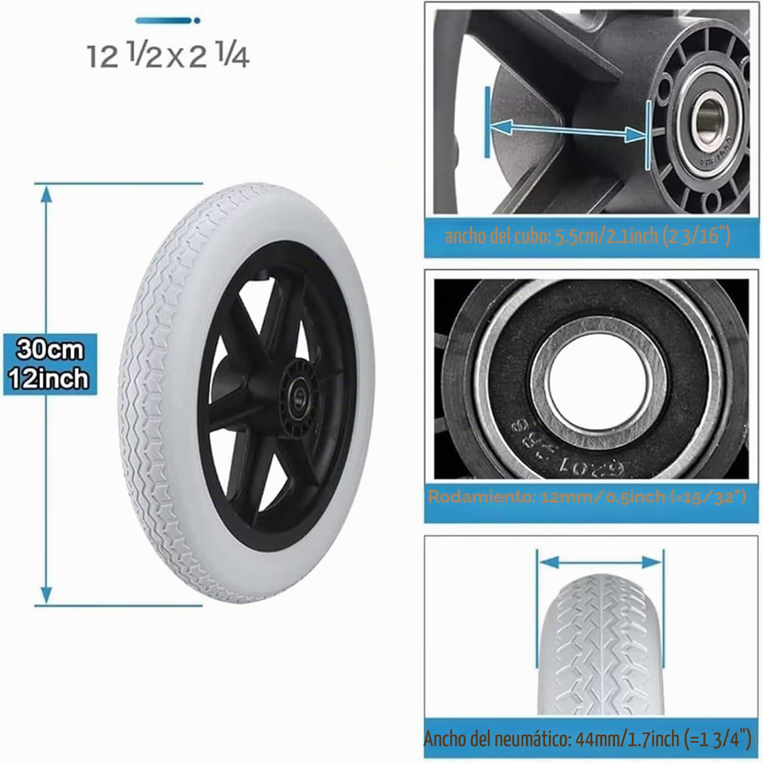 JosuE 1 par de sillas de Ruedas manuales Ruedas traseras Reemplazo, ruedas Pu sólidas,acesorios para sillas de ruedas para reemplazar las ruedas traseras,12 Pulgadas (30 cm) Negro
