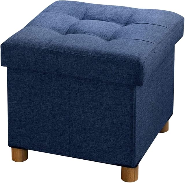 BRIAN & DANY Folding Ottoman Storage Box with Wood Legs, Linen Foot Stool, pouffe footstool with Highly Elastic Sponge Filling, Navy Blue, 38 x 38 x 38 cm