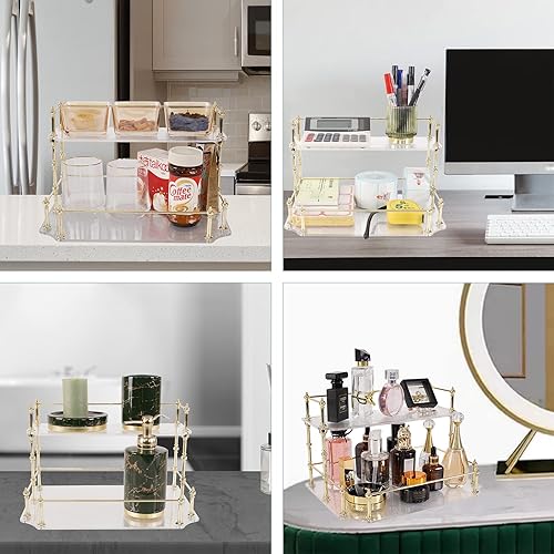 Miniatura 6 de DalimFun Organizador de baño de 2 niveles, organizador de mostrador de perfumes, estantes de almacenamiento, bandeja de tocador desmontable (blanco)