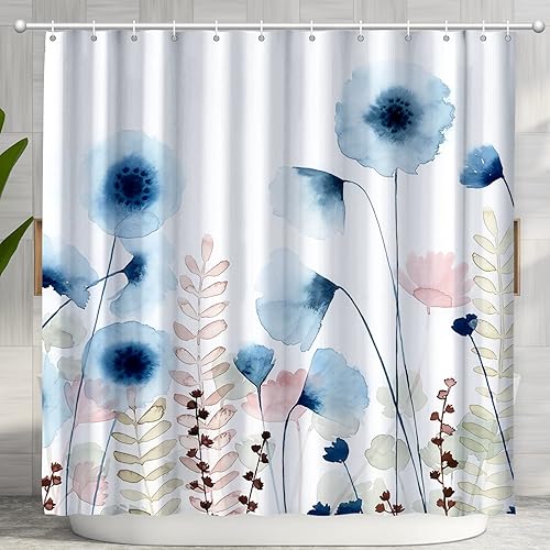 Sunopas Juego de cortinas de ducha florales, acuarela de plantas de flores azules, cortinas de baño de estilo bohemio, cortina de ducha de tela