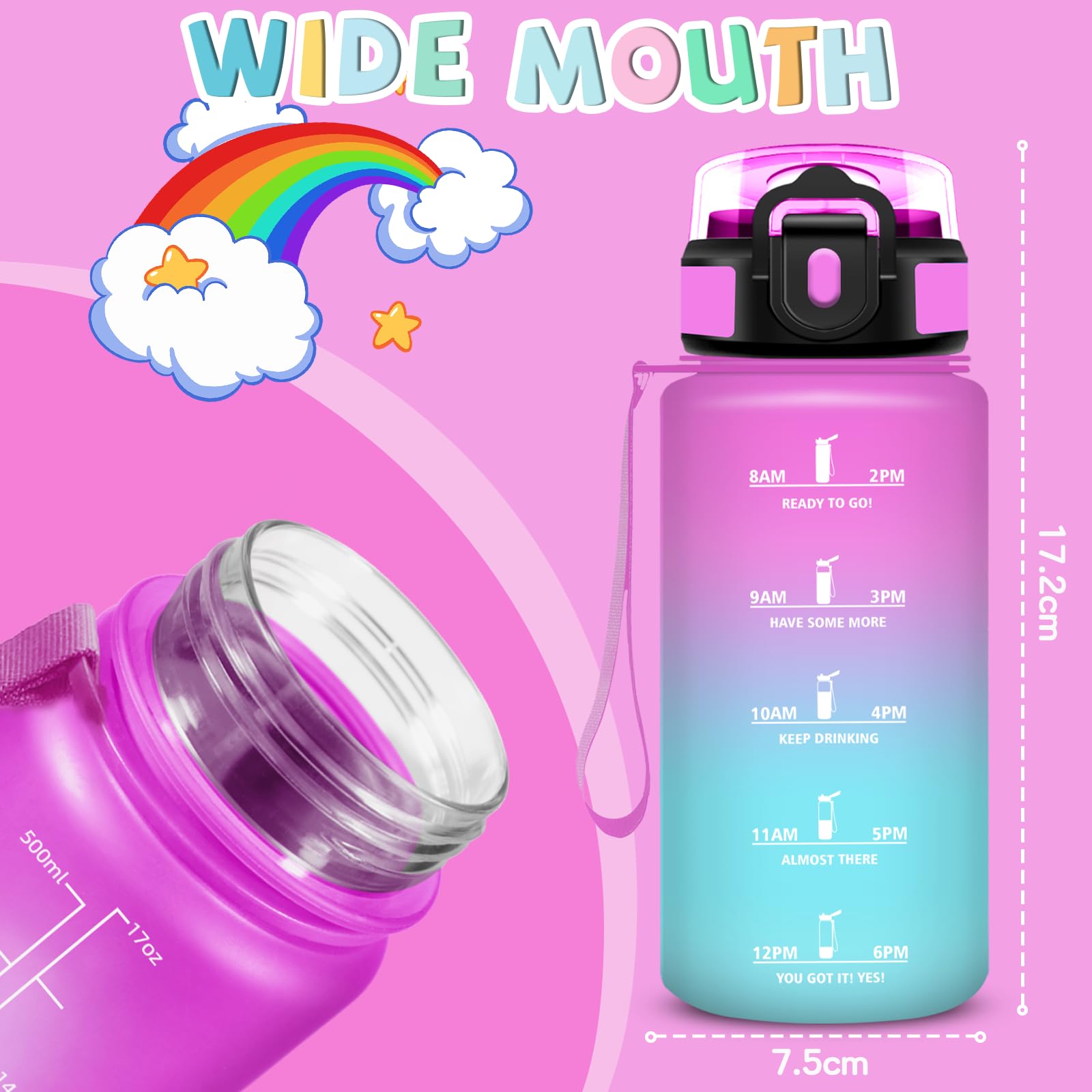 Borraccia, 500ml Borraccia Bambini, Borracce con Cannuccia, Senza Perdite, Water Bottle Motivazionale, Facile da Pulire, Bottiglia Acqua, Con Chiusura di Sicurezza, Borracce per Scuole, Corsa, Ufficio