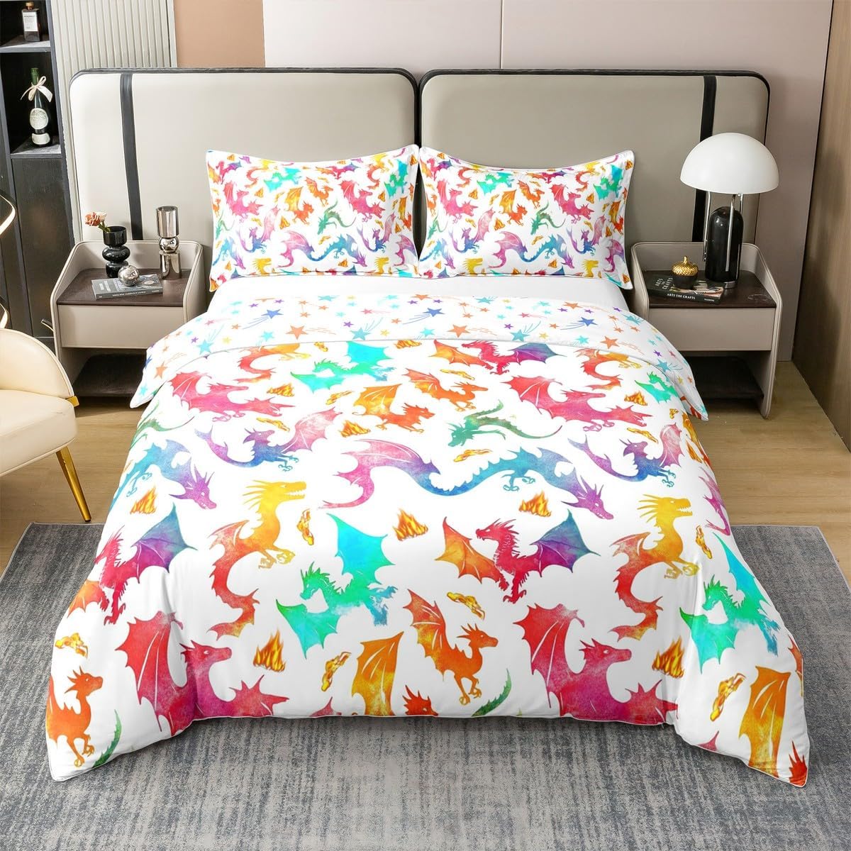 Feelyou Dragon 100% Cotton Duvet Cover for Kids Twin Size Colorful Dragon Bedding Set Boys Girls Flying Dragon Comforter Cover Animals Bedspread Cover Soft Quilt Cover (No Comforter)