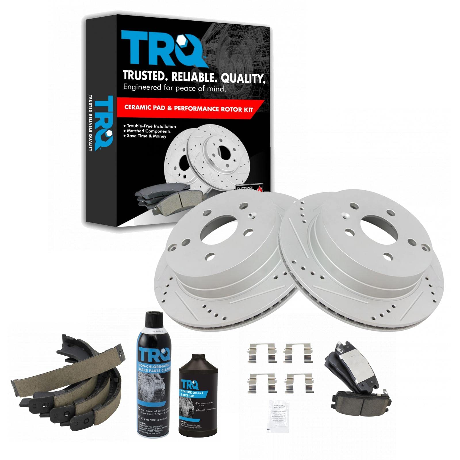 TRQ Rear Performance Brake Pad &amp; Rotor Kit, with Chemical Kit Parking Brake Shoe Set Ceramic Premium G-Coated Compatible with 2010-2017 Chevrolet Equinox GMC Terrain