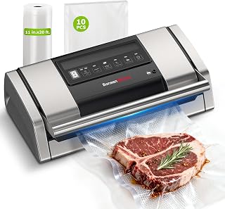 Bonsenkitchen Vacuum Sealer Machine: 135W Powerful Suction, Easy-Lock Handle, Built-in Cutter & Bag Storage for Sous Vide Meal Prep - Silver