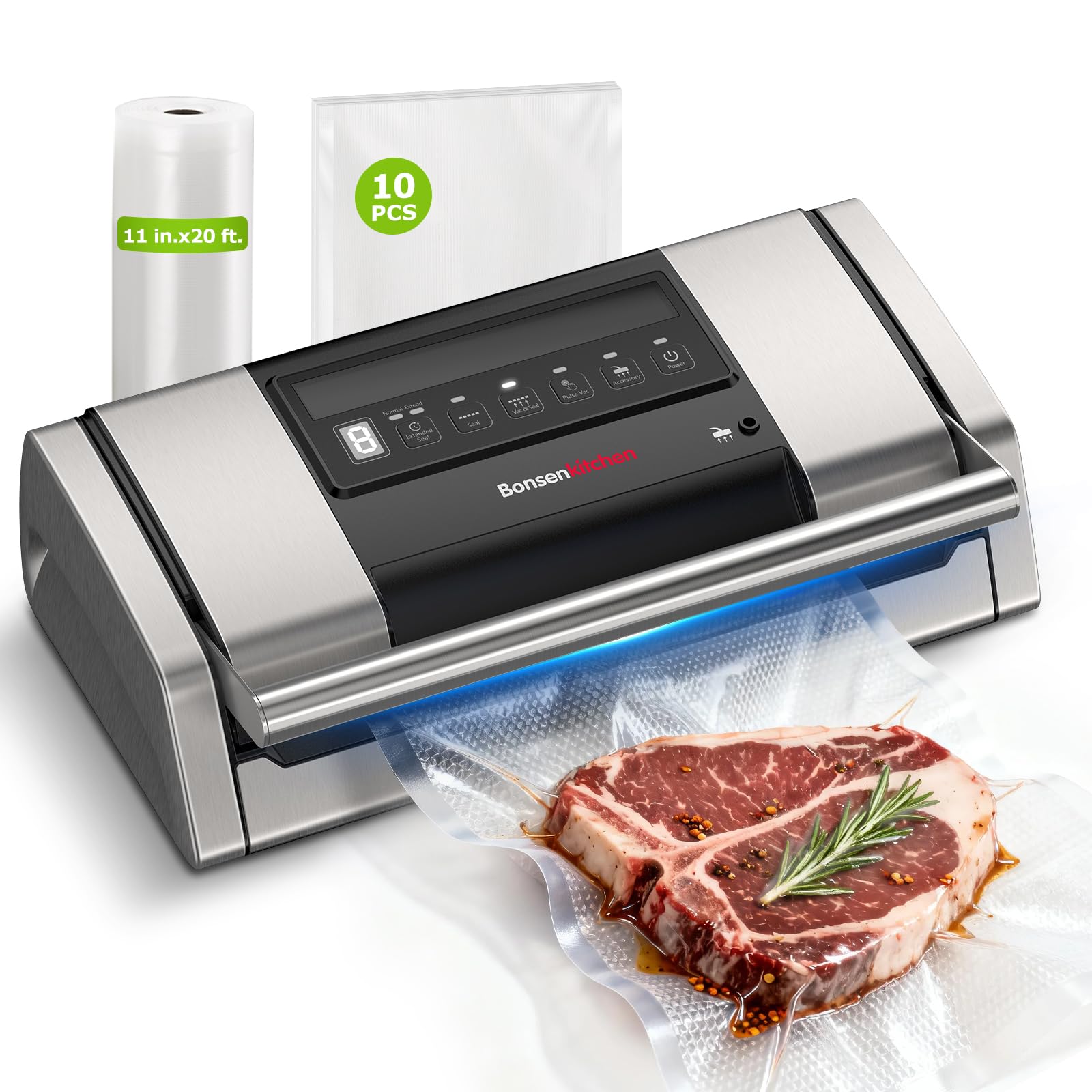 Photo 1 of Bonsenkitchen Vacuum Sealer for Food, Easy-Lock Handle Vacuum Sealer Machine with Bag Clip, Built-in Cutter and Bag Storage for Sous Vide and Meal Prep, 1 Roll Bag & 10 Pre-Cut Bags, Silver