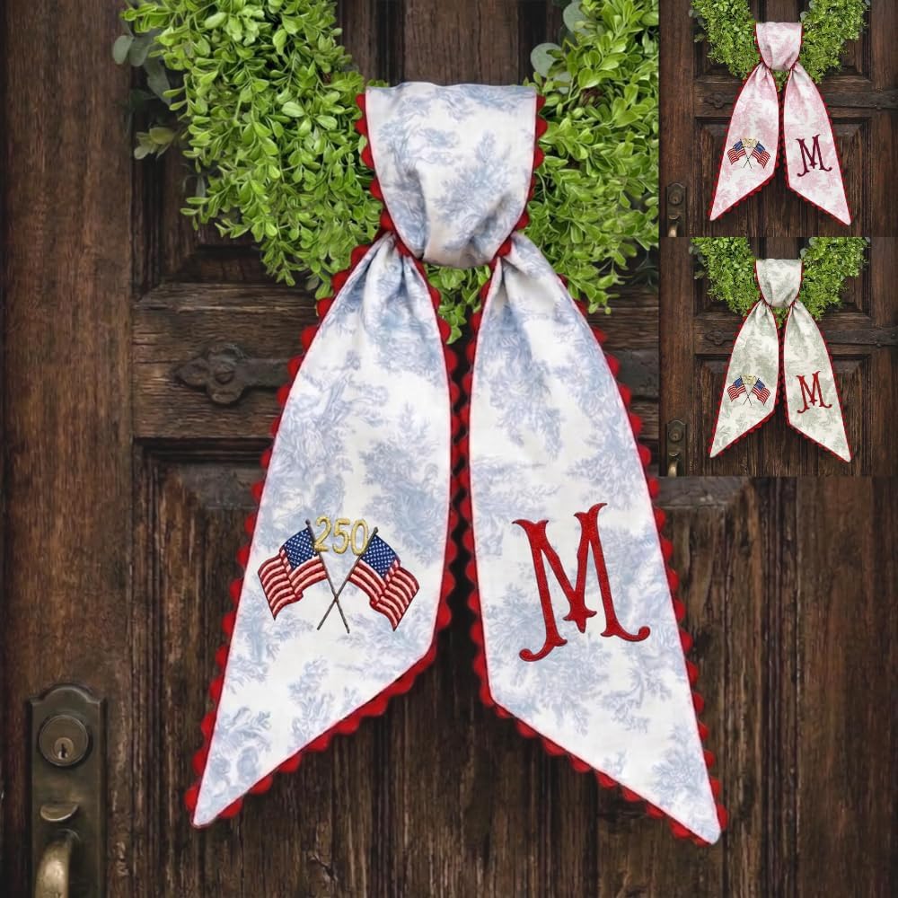Personalized Patriotic Wreath Sash, Custom Embroidered 250 Anniversary Decor, Monogrammed Ribbon for Front Door, Memorial Day, 4th of July (Patriotic 5)