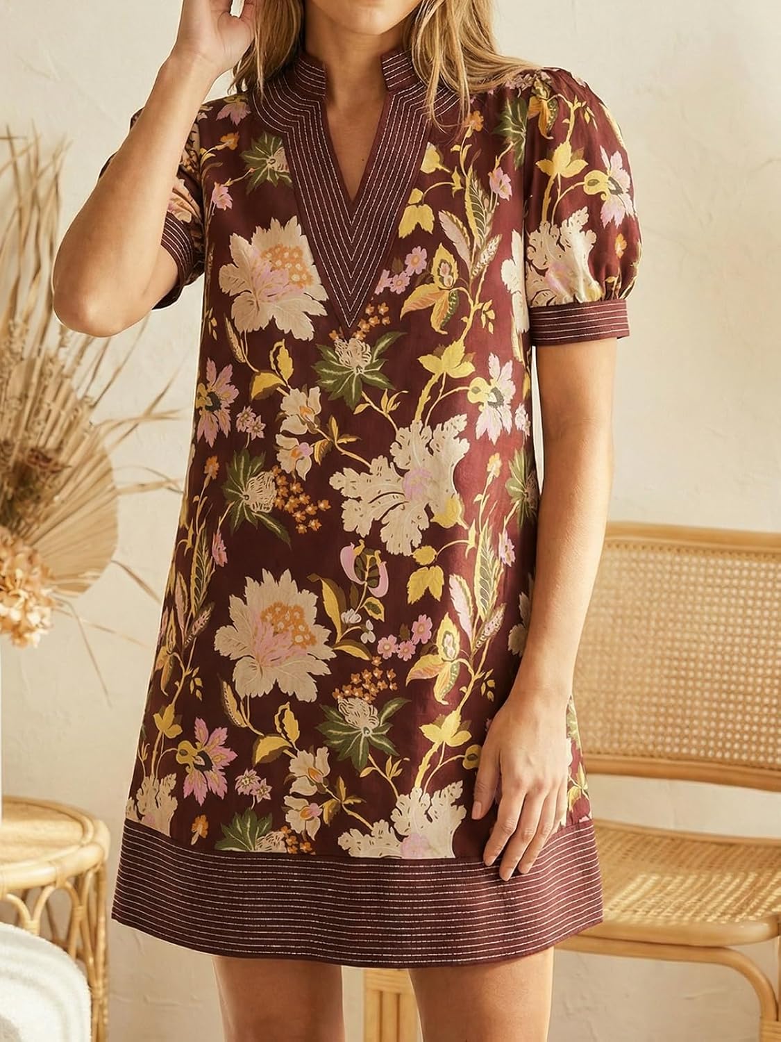 Wenrine Womens Summer V Neck Shift Dresses Casual Puff Short Sleeve Color Block Short Boho Beach Dresses with Pockets - Image 3