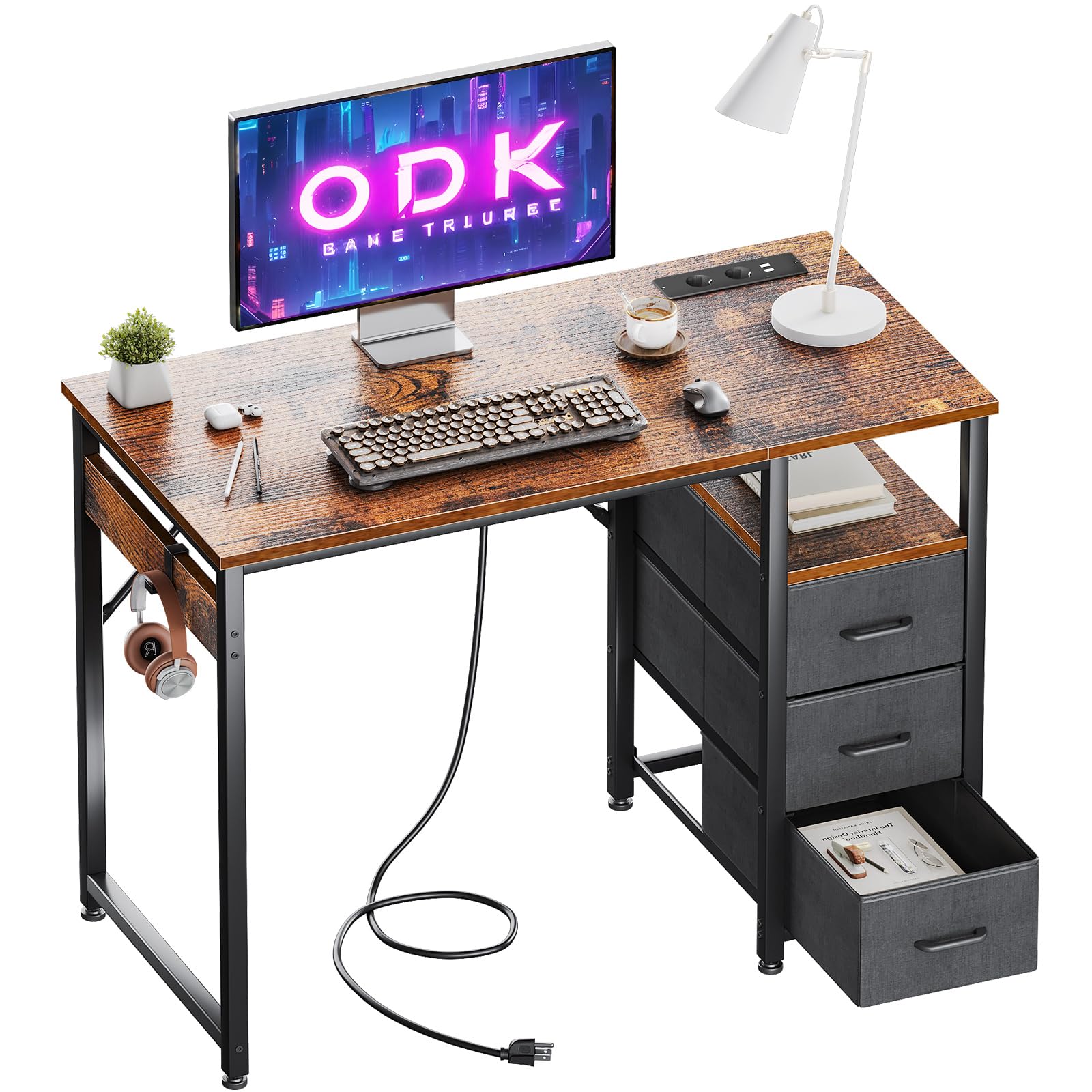 ODK Escritorio con Puerto y Toma de Carga USB, Escritorio para Ordenador con 3 Cajones de Tela, Mesa de Oficina, Mesa de Oficina de Madera para Oficina, Salón, Hogar, Oficina (Marrón, 100x48x75,5cm)