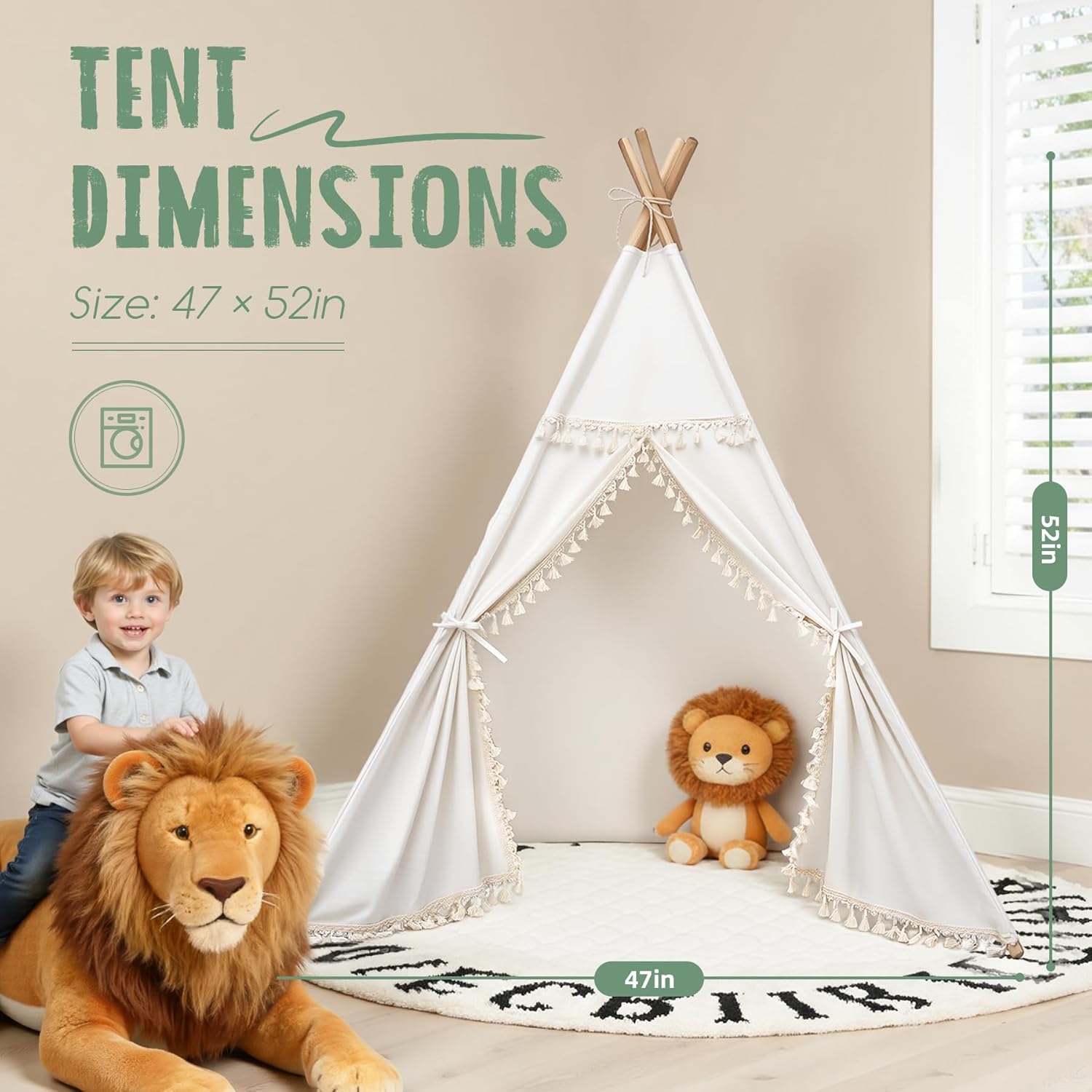 Sumbababy Kids Teepee Tent - Natural Canvas Playhouse with Fringe, Washable Fabric, Tipi Sleepover Tent, Includes Carry Bag, Lights & Colorful Flags - Perfect for Indoor & Outdoor Fun