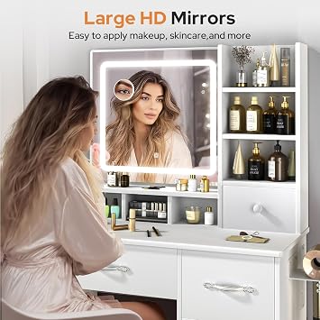 Professional Dressing Table With Mirror and Stool, Muti-Drawer | Vanity Table 6 Open Storage Areas + 4 Drawers, with 180 LEDS Light 3 Color Light & Adjustable Brightness, Hairdryer Holder