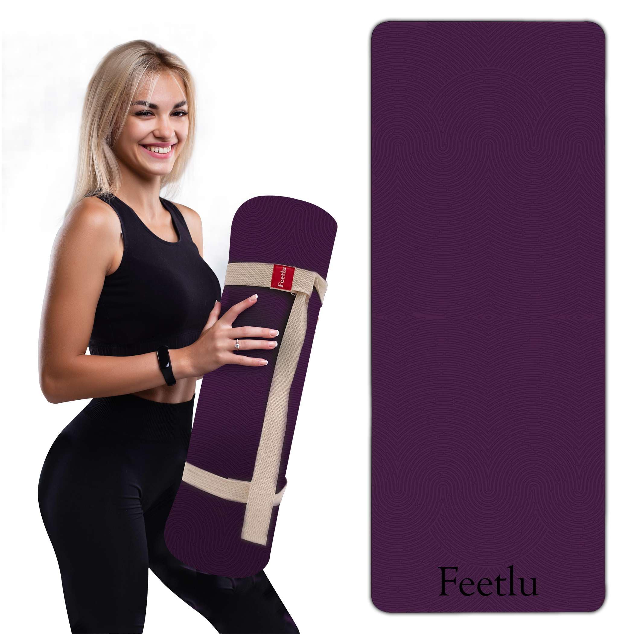 Extra Thick 12mm Exercise Mat – Non-Slip, Joint-Friendly & Cushioned Fitness Mat for Yoga, Pilates & Floor Workouts – Durable, Supportive & Includes Feetlu Classic Strap Purple