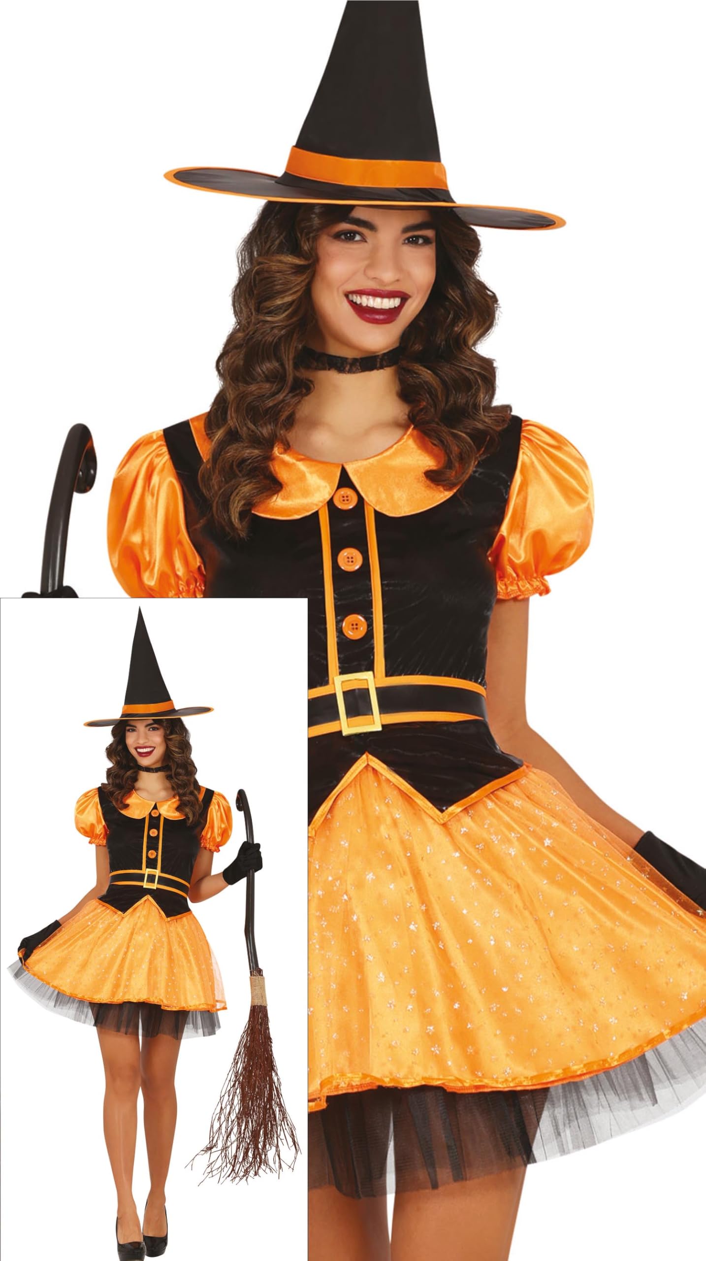 FIESTAS GUIRCA Enchanting Orange Witch Women Fancy Dress Costume - Including Witch Hat & Orange Dress with Sparkling Stars - Halloween Costumes for Women Size L