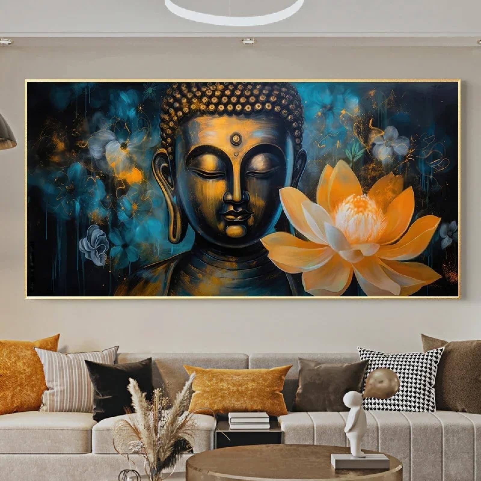 LMAIWANG Classico retrò, grande formato, stampa su tela del Buddha dorato sdraiato buddista, poster, decorazione per soggiorno, camera da letto, cornice 70x140 cm