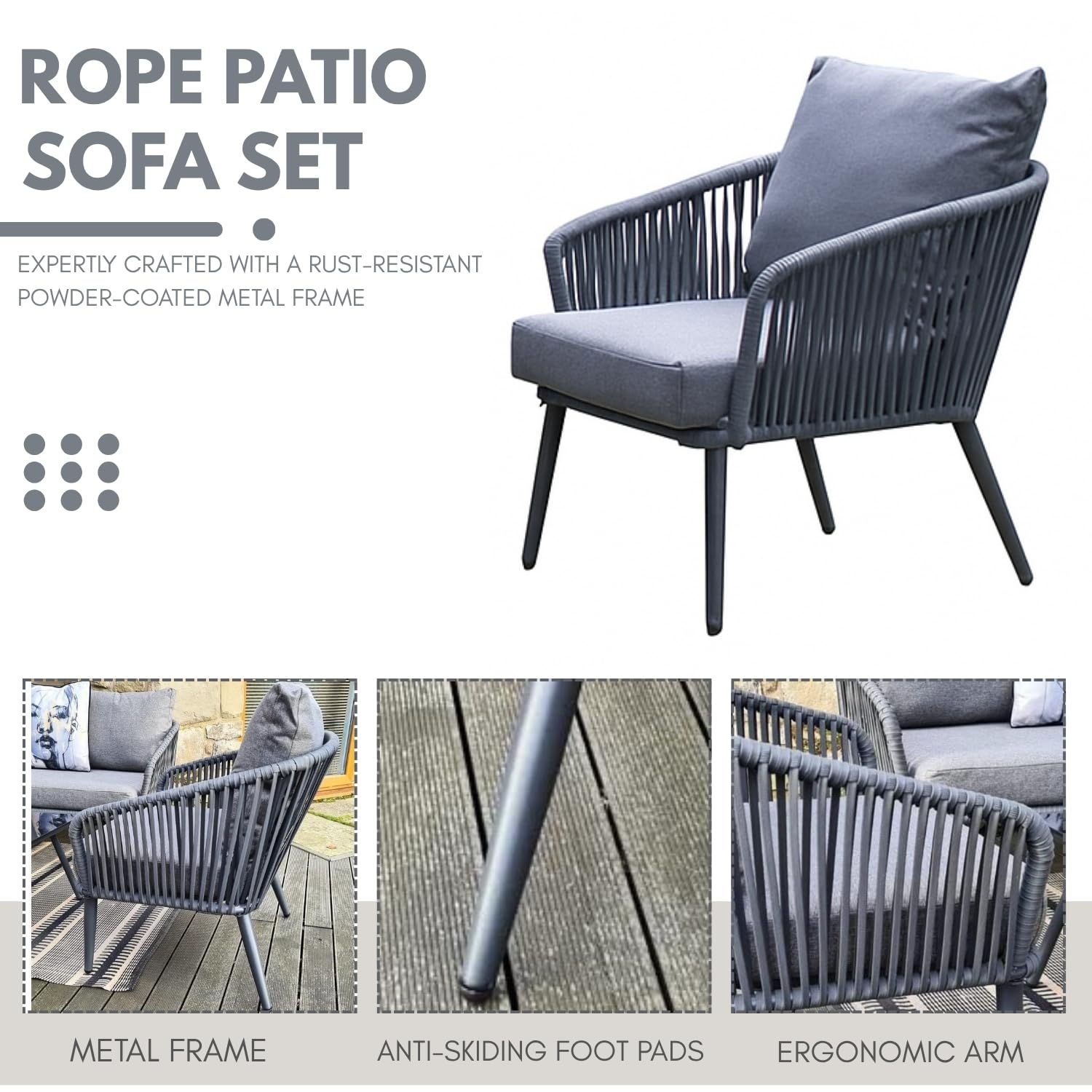 Mymigos 4 Seater Sofa Outdoor Conversation Patio Garden Rope Furniture Set with Cushion and Center Table for Garden, Balcony, Poolside (Grey) 1