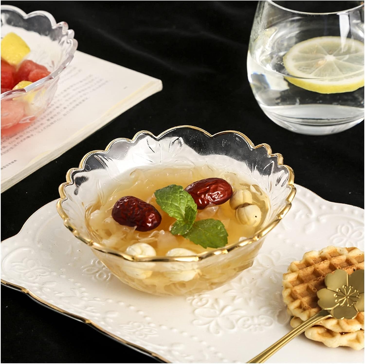Saladier Bol à fruits, saladier, bols en verre Fournitures de vaisselle nordiques Bol à fruits en verre écologique avec incrustations dorées Bol à dessert Bol à salade Bols à bonbons(Bowl Only)