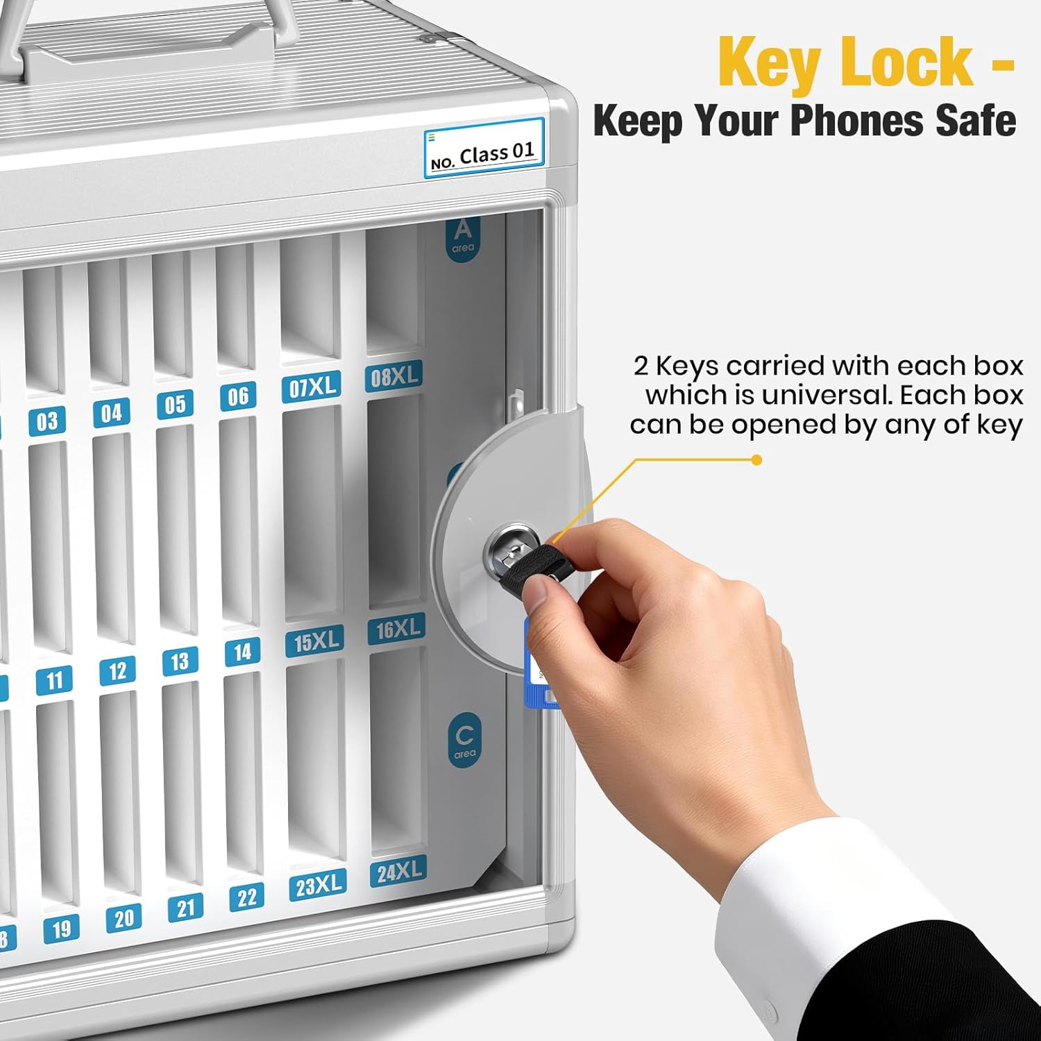 Glosen Cell Phone Locker 24 Slots, Portable Phone Storage Cabinet [Wall Mounted] [Silver 24 Slots-Universal Key ] Aluminum Alloy Cellphone Lock Box with Key & Handle for School Classroom Office Exam