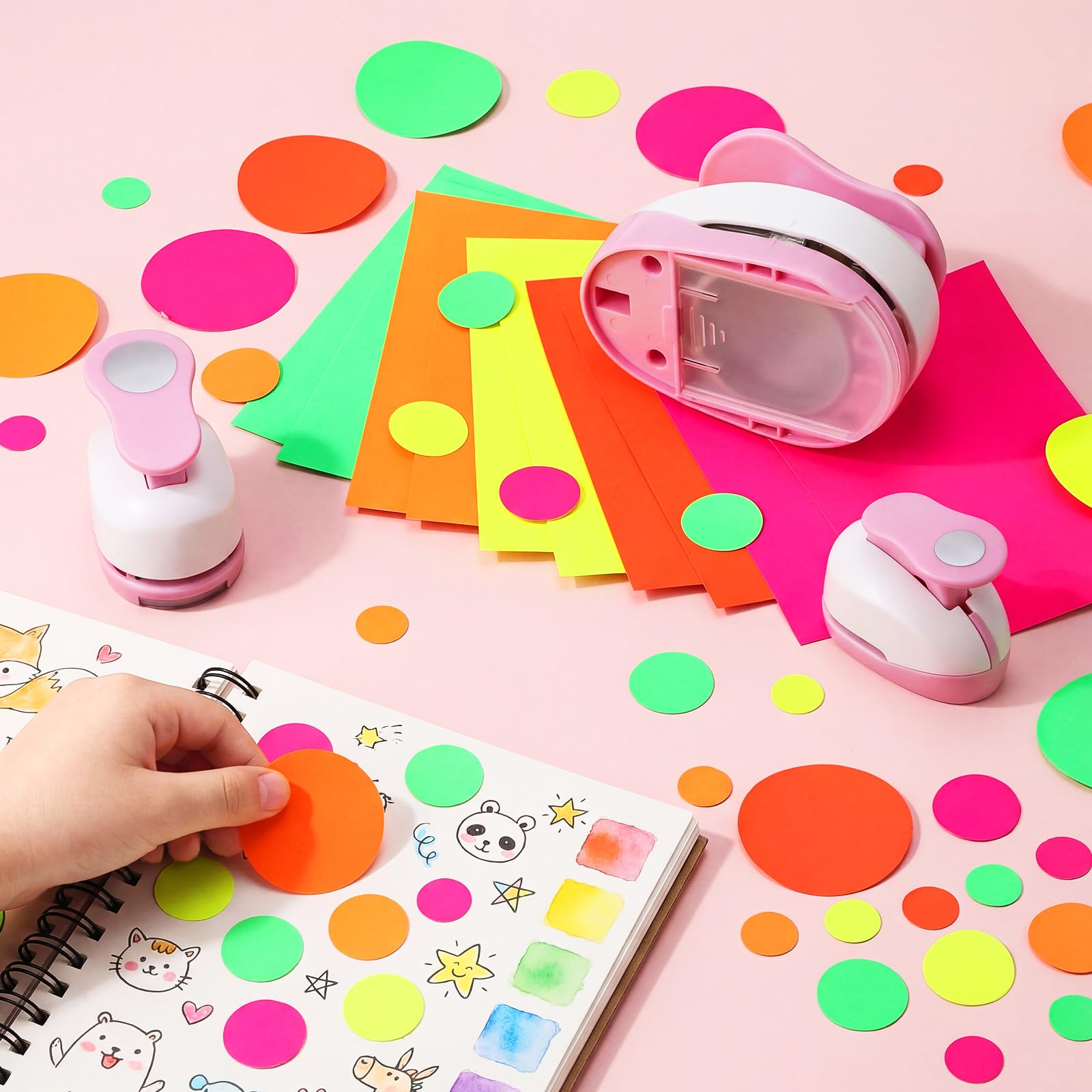 CHENGU Confezione da 3 perforatrici circolari per lavori di carta, 5,1 cm, 2,5 cm, 1,5 cm, con 10 fogli di adesivi per scrapbooking, progetti fai da te, creazione di biglietti e album fotografici