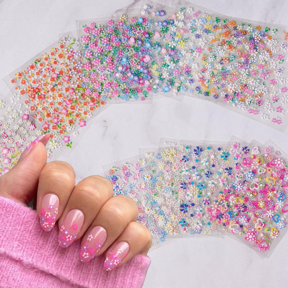 30 Sheets Flower Nail Art Sticker 3D Self-Adhesive Nail Art Supplies Colorful Flowers Rose Daisy Cherry Blossoms Nail Decals Pink Floral Nail Design for Women Acrylic Nails Decoration image 2