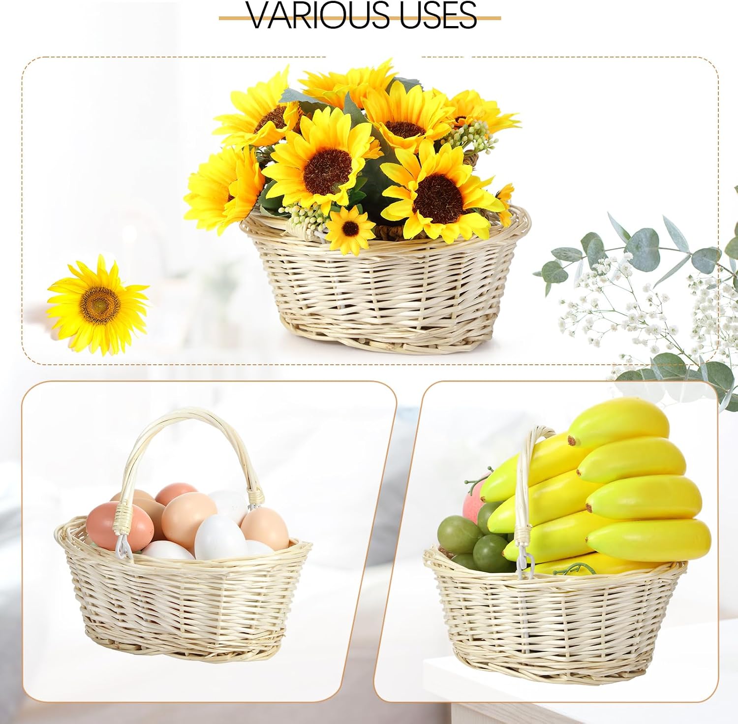 Barydat Small Wicker Basket with Handle Flower Girl Baskets Oval Willow Woven Braided Gift Basket for Weddings Picnic Baby Shower Home Garden Decor(6 Pcs,Beige,9" x 7" x 4")