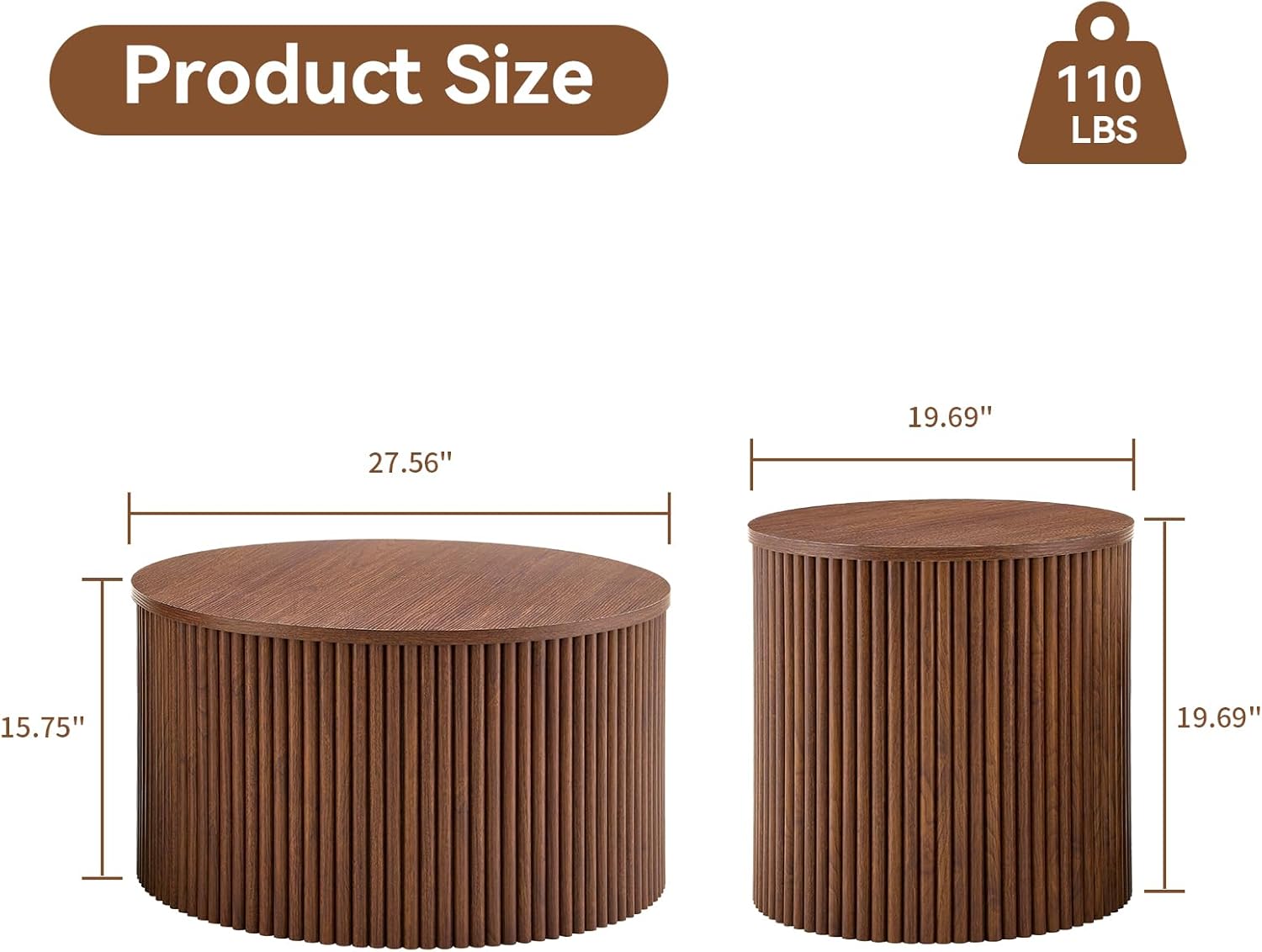 Round Nesting Coffee Tables Set of 2, Modern Fluted Coffee Table with Storage, Round Center Table Side End Table with Storage for Living Room Office, 27.6in+19.7in, Walnut