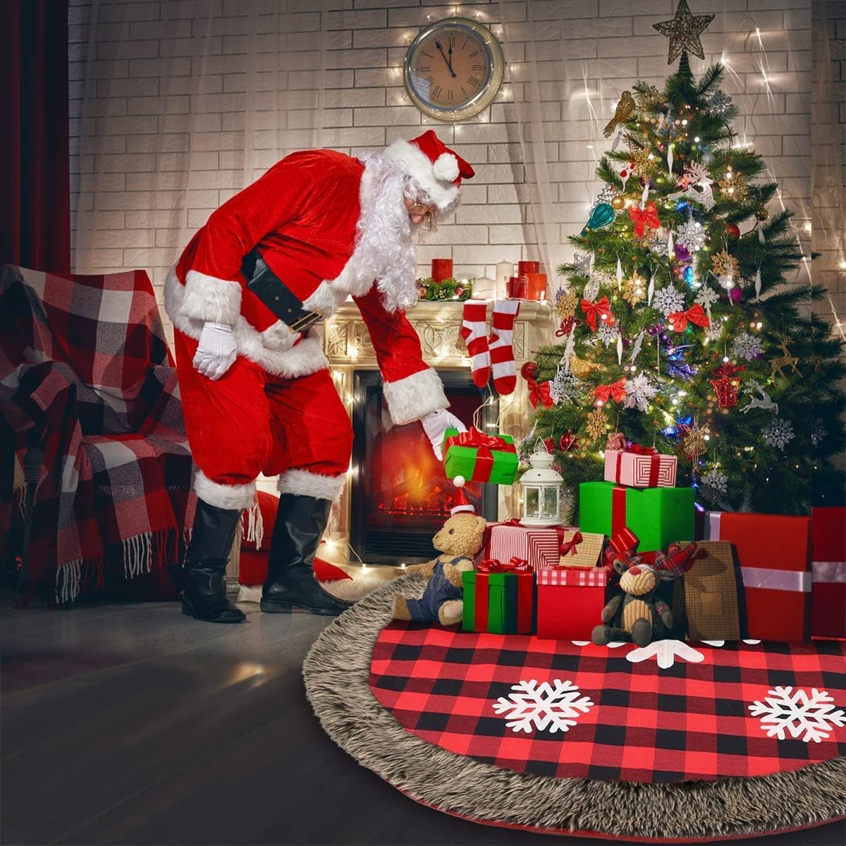 Christmas Tree Skirt 48 Inch - Christmas Decor Large Snowflake Pattern - Christmas Tree Skirt with Faux Fur Rustic Burlap - Red & Black Buffalo Plaid Xmas Tree Skirt for Christmas Decorations