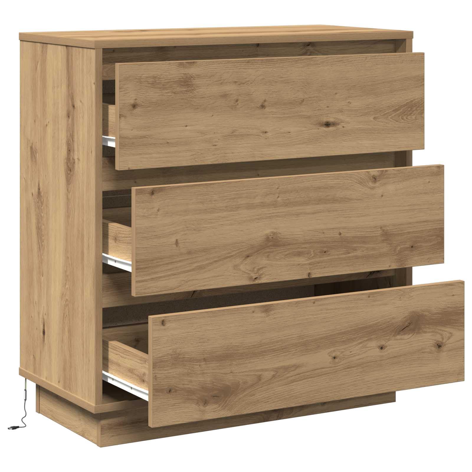 Nachttisch Artisan-Eiche 71 x 34,5 x 75 cm Holzwerkstoff mit LED-Lichterkette Beistelltisch, Schlafzimmer Organizer, Schubladen, Stauraum, moderner Fachkonsole für Schlafzimmer, Wohnzimmer