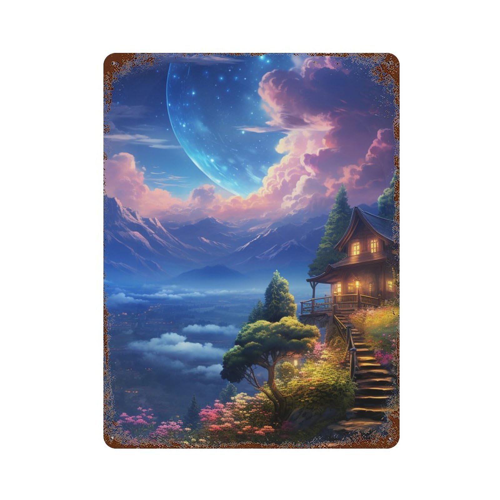 Fantasy Mountain Retreat Weathered Tin Sign 15.7"x11.8", Rustic Home Decor for Office, Studio And Wall Decor