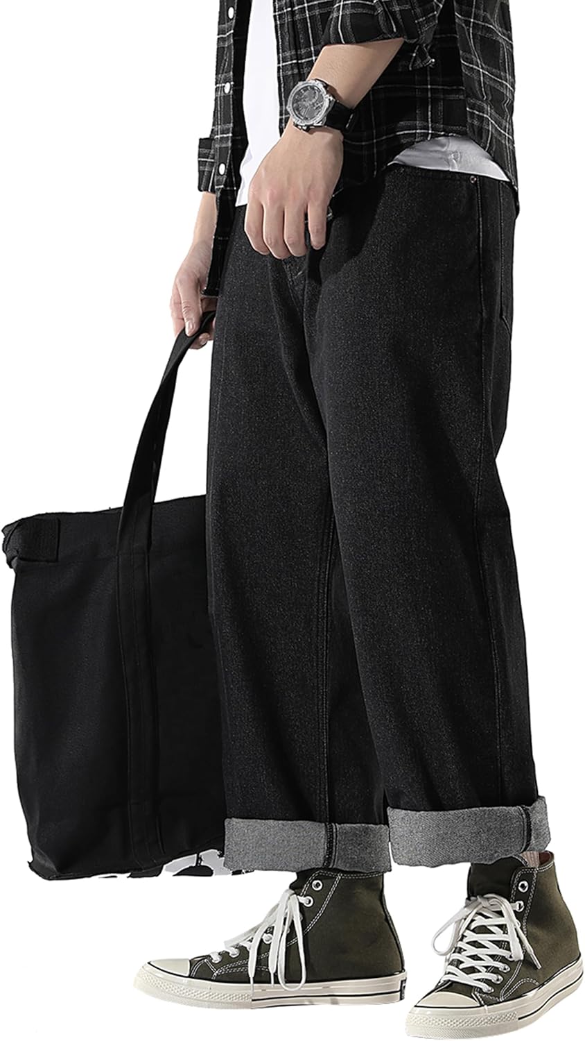 DOSLAVIDA Men's Work Jeans Casual Hip Hop Cargo Solid Color Loose Fit Straight Wide Leg Cotton Denim Pants with Zipper - Image 4