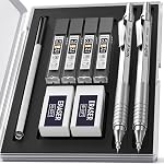 Nicpro 2 PCS Mechanical Pencils 0.5mm & 0.7 mm with Case, Metal Artist Pencil Set with 4 Tubes HB Lead Refills, 2 Erasers, 9 Eraser Refills For Art Writing Drafting, Drawing, Sketch, Silver