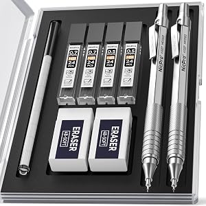 Nicpro 2 PCS Crayons mécaniques 0.5mm & 0.7mm avec étui, ensemble de crayons en métal avec 4 tubes de recharges HB, 2 gommes, 9 recharges de gomme pour écriture artistique, dessin, croquis, argent