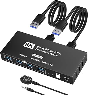 8K@60Hz DisplayPort KVM Switch 1 Monitors 2 Computers, USB KVM Switches with 4 USB 3.0 Ports Sharing Keyboard Mouse Printer, Display Port Switch 2 in 1 Out, Monitors Switcher for 2 Computers