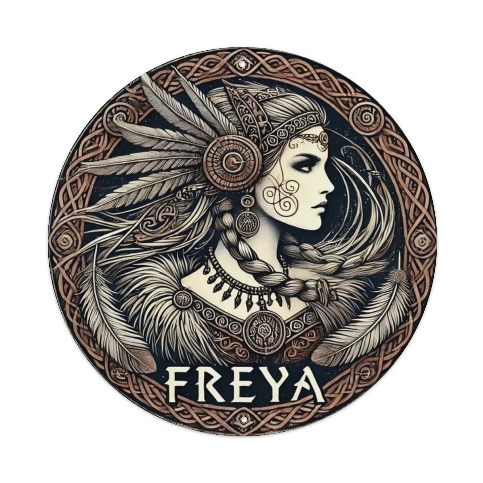 Celtic Vintage Round Decor Sign Norse Goddess Freya Feather Portrait Vintage Aluminium Metal Sign, Retro Wall Decor for Home, Bar, Garage & Farmhouse 20x20cm