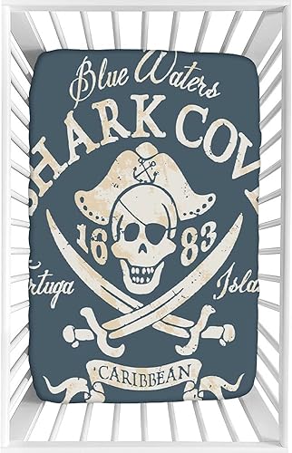 Miniatura 2 de Sábana decorativa para cuna, de microfibra pirata, suave y sedosa, para bebé, 28 x 52 x 8 pulgadas, Shark Cove Tortuga Island Caribbean Retro Print