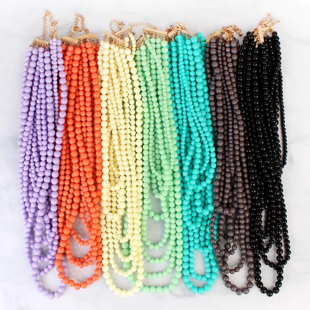 RIAH FASHION Multi Beaded Bubble Statement Necklace - Round Ball Chunky Drape Bib Collar Marbled, 7 Layer Long