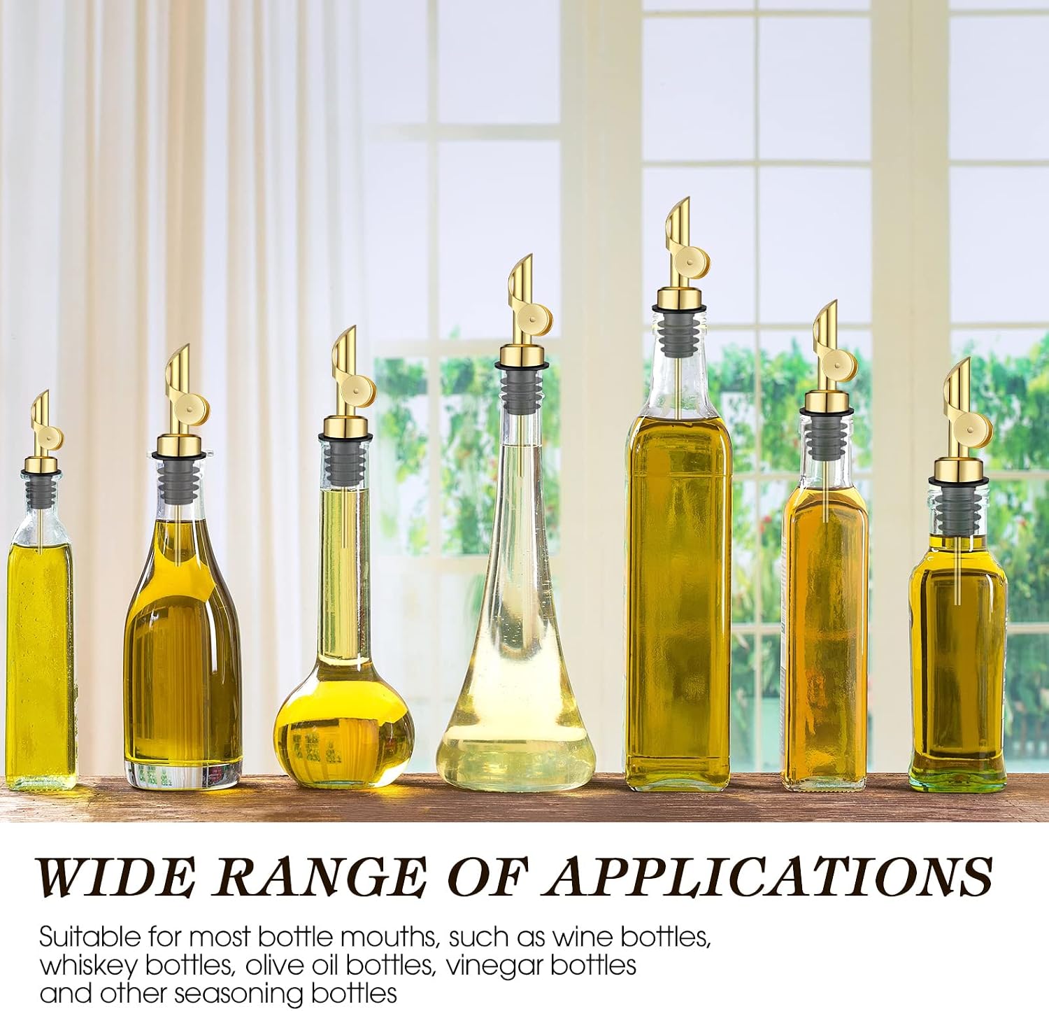 Kinlop 6 Pcs Weighted Stainless Steel Liquor Bottle Pourers Auto Flip Olive Oil Dispenser Spout Balsamic Alcohol Pourer Spouts (Gold)