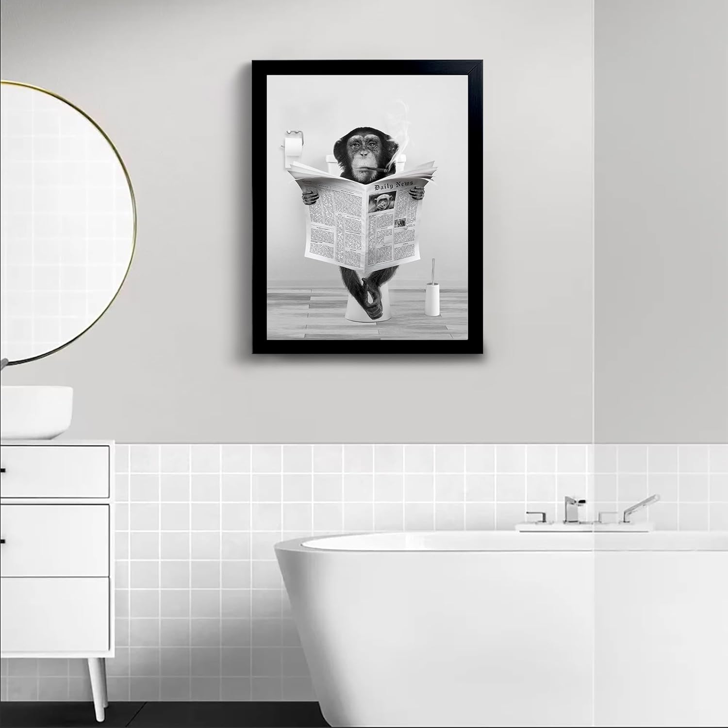Funny Monkey Framed Wall Art in Bathtub,Black and White Canvas Monkey Wall Art Prints Farmhouse Bathroom Decor,Humor Animals Bathroom Painting Canvas Rustic Style Artwork(16"x20", Framed)