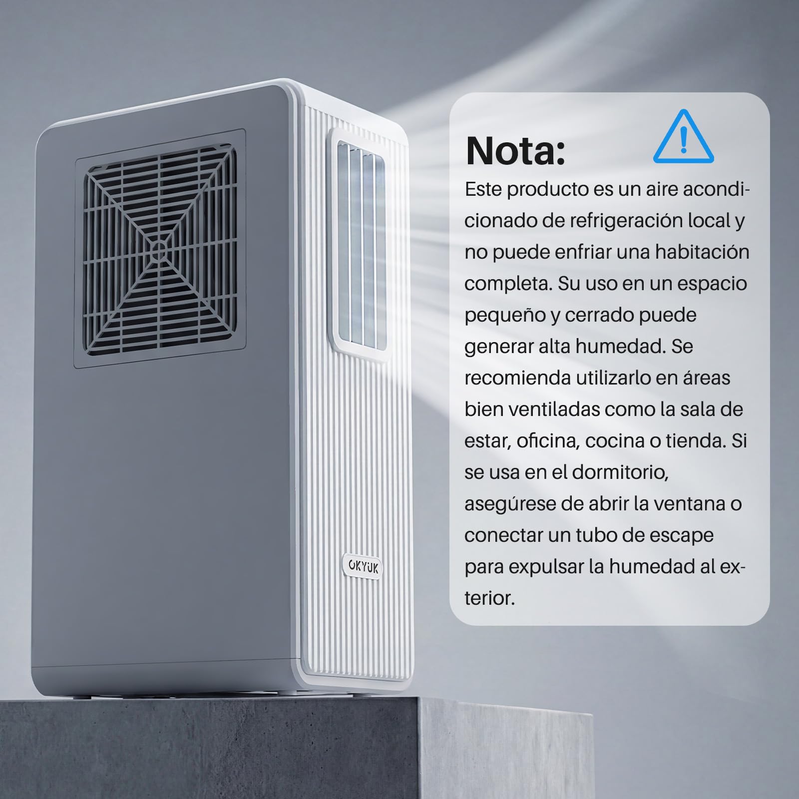 OKYUK Climatiseur Mobile, 200 W à économie d'énergie, réfrigérant écologique R290, 3 en 1 : climatiseur, déshumidificateur, ventilateur, ventilation, avec tuyau d'évacuation. (Blanc)