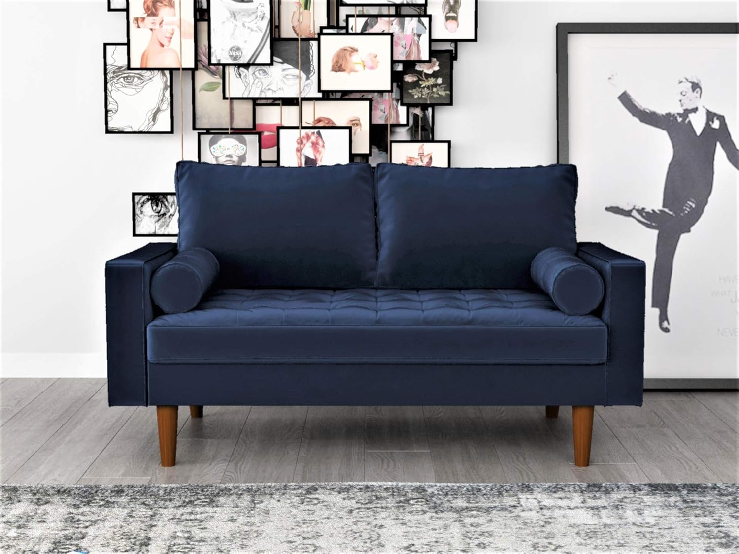 Womble 58 Inch Velvet Loveseat Sofa with Elegant Button Tufted Upholstery, Square Arms, Splayed Wood Legs, Includes Matching Bolster Pillows, Denim Blue