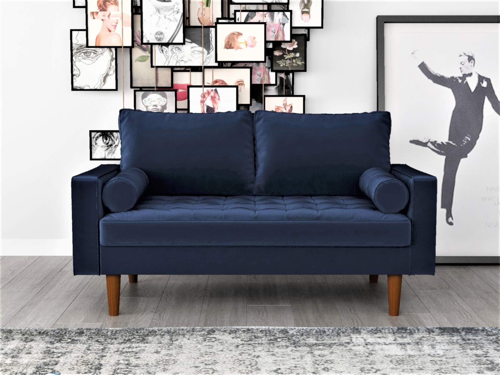 Container Furniture Direct Womble 58 Inch Velvet Loveseat Sofa with Elegant Button Tufted Upholstery, Square Arms, Splayed Wood Legs, Includes Matching Bolster Pillows, Space Blue