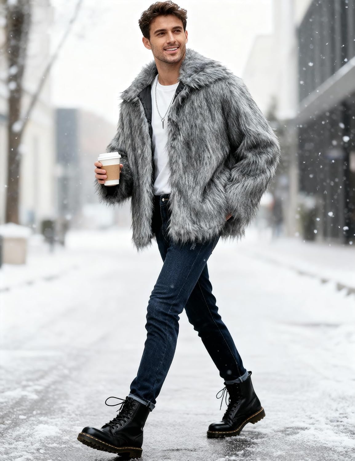 Eisctnd Men's Faux Fur Coat, Warm Fluffy Fuzzy Fleece Jacket with Lapel Collar for Winter Fashion Trench Outerwear - Image 6