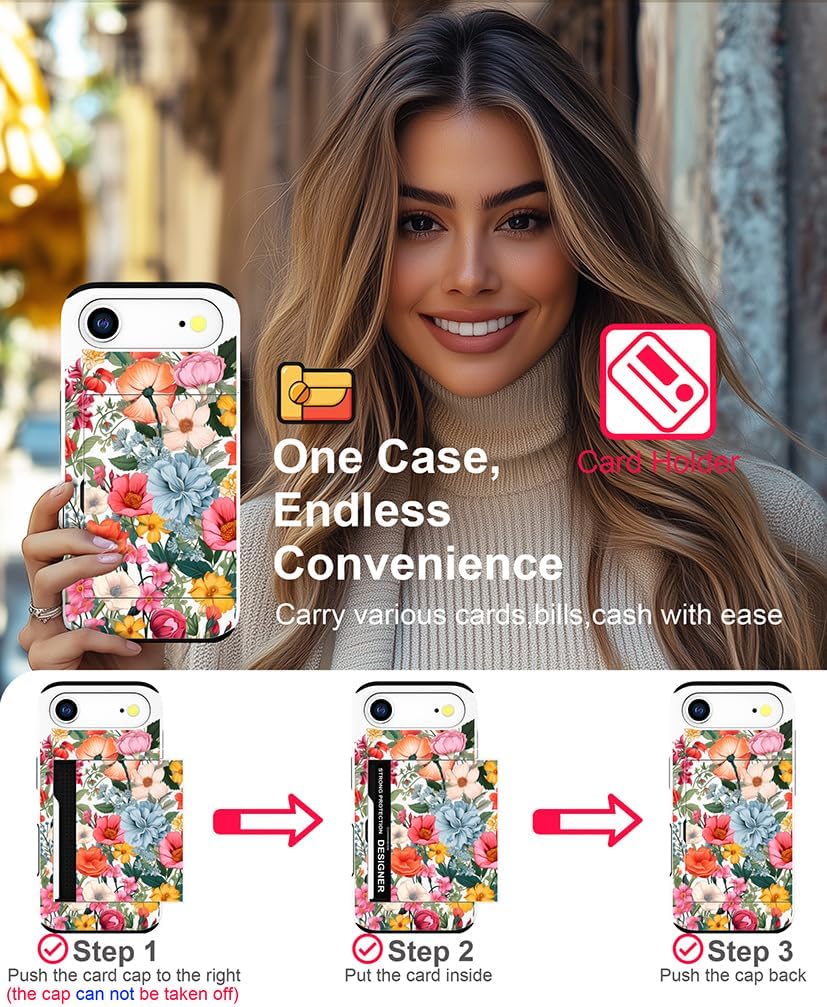 Compatible with iPhone 17 Air Case Wallet Cute for Women with Design,Rugged Credit Card Holder Slot Protective Phone Skin Cases Girly Design (Pink Blossom Floral Autumn) - Image 3